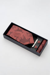 Paisley Burgundy Tie Set with Tie Bar & Cufflinks